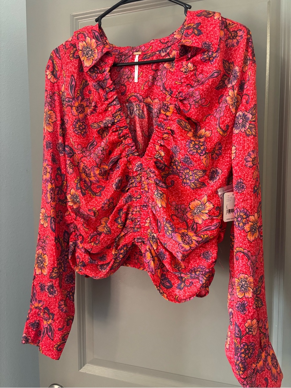 Free People Red Floral Ruched V-Neck Blouse